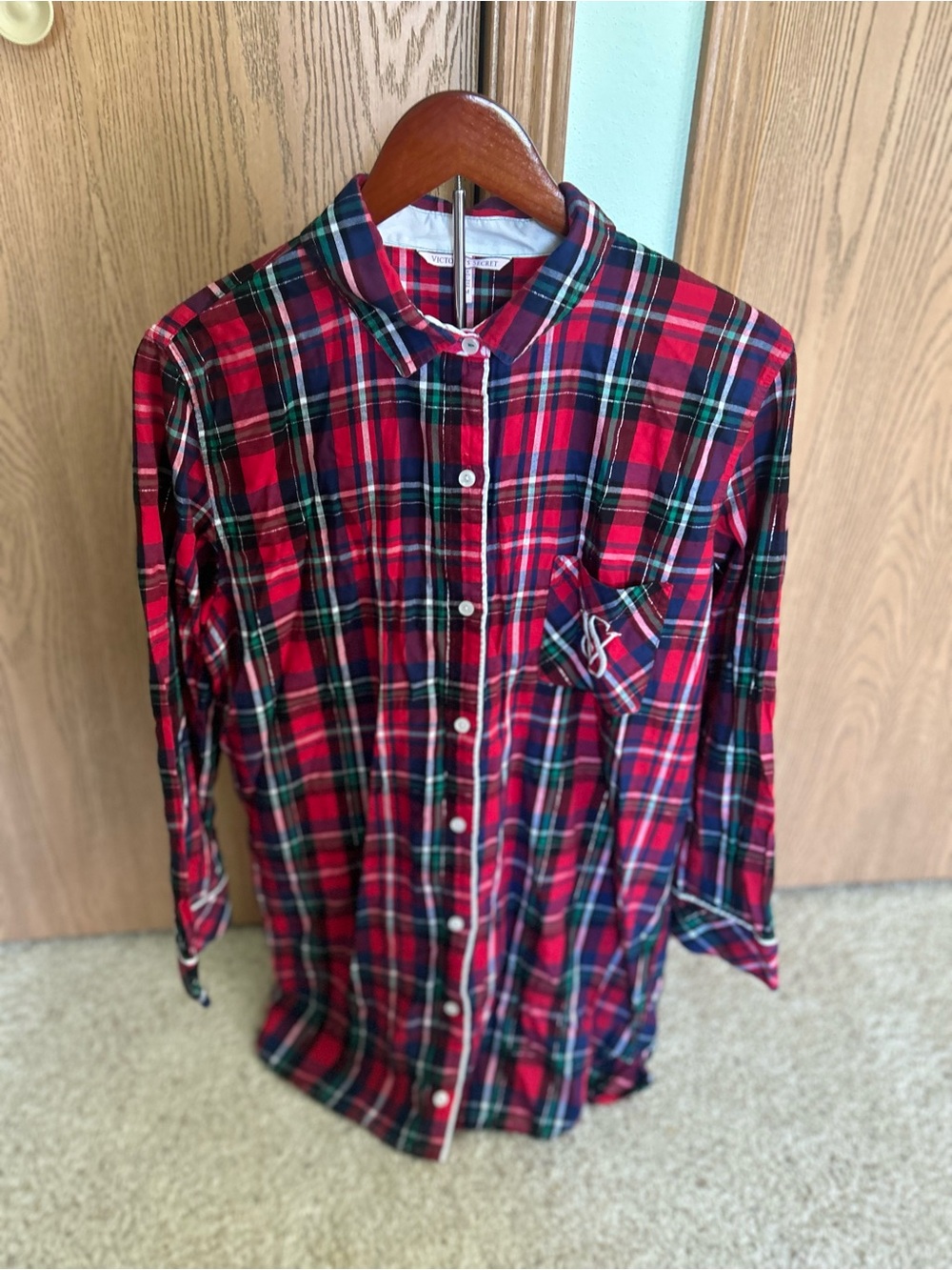 Victoria's Secret Red, Green, Blue and Silver Plaid Button Up Nightgown